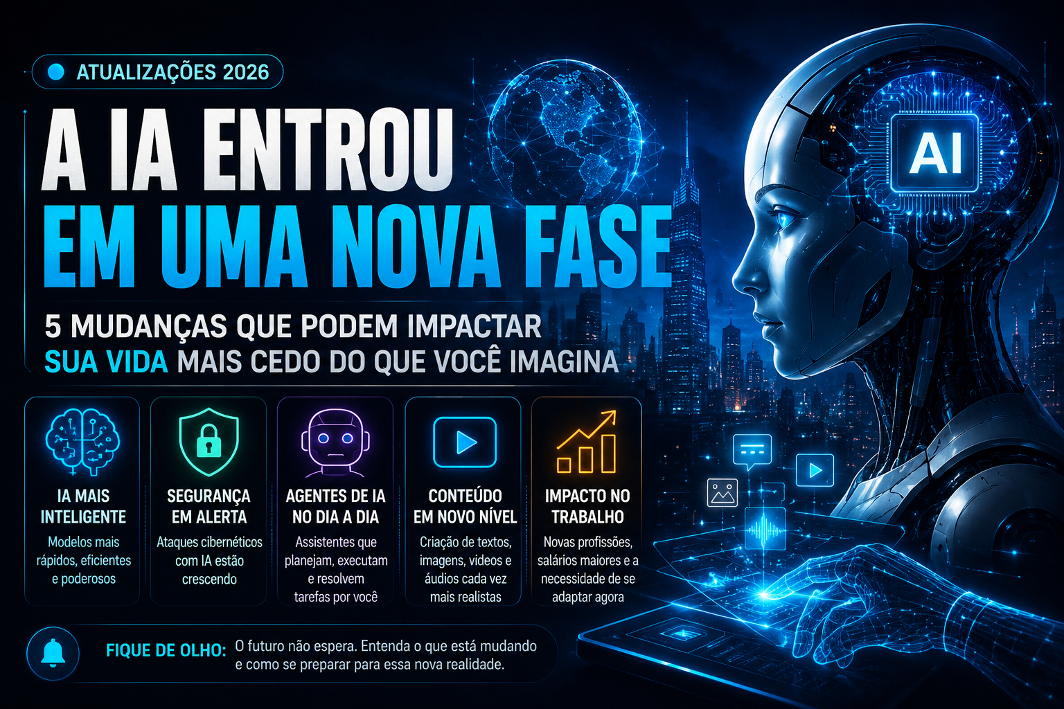 Inteligência artificial avançada representada por humanoide e processador de IA